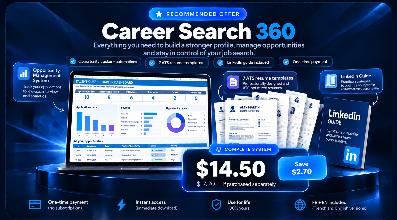 Career Search 360 : Opportunity Management System, 7 modèles CV ATS et guide LinkedIn